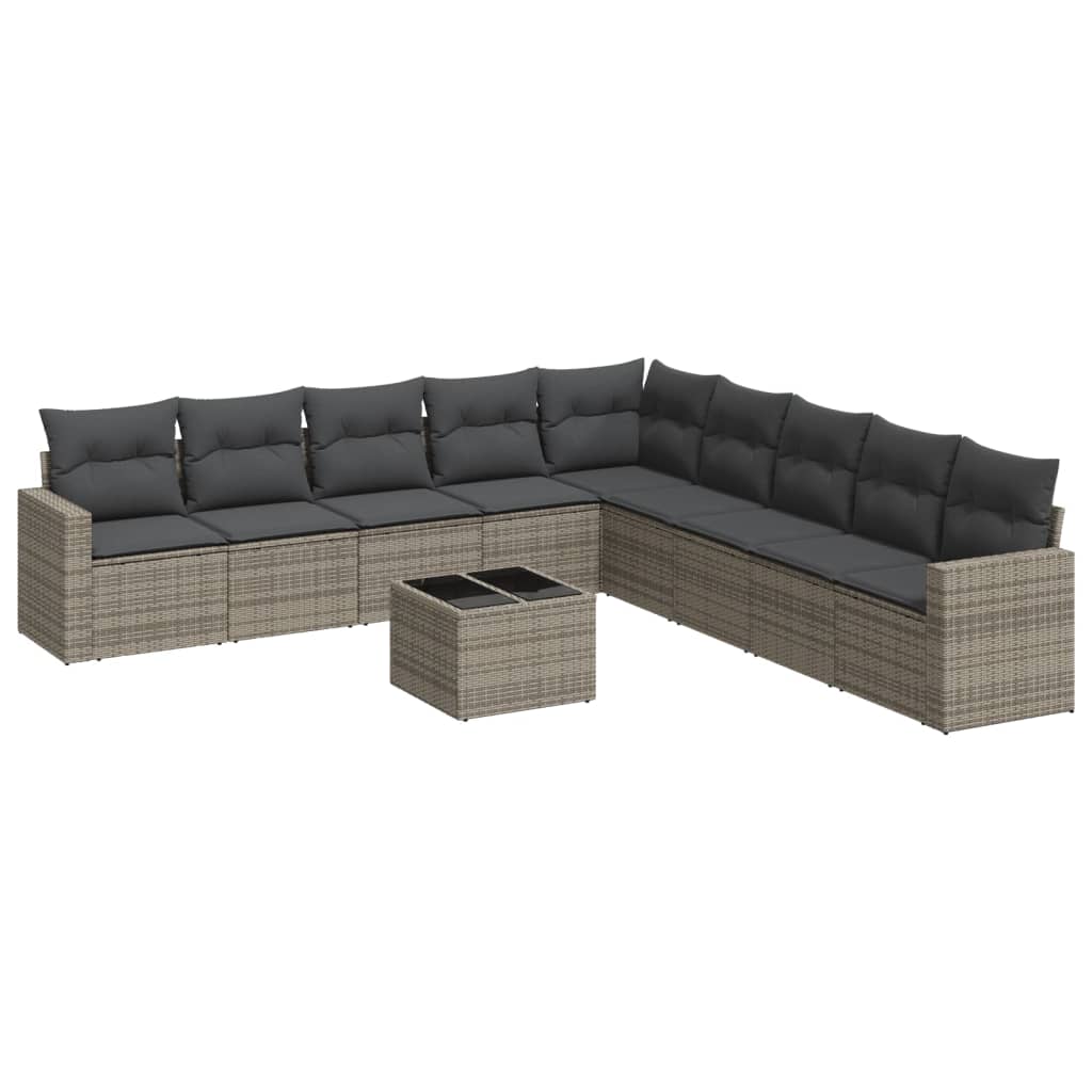 Set Divano da Giardino 10 pz con Cuscini Grigio in Polyrattan