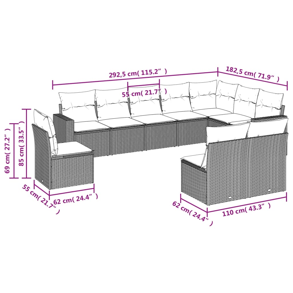 Set Divano da Giardino 10 pz con Cuscini Grigio in Polyrattan