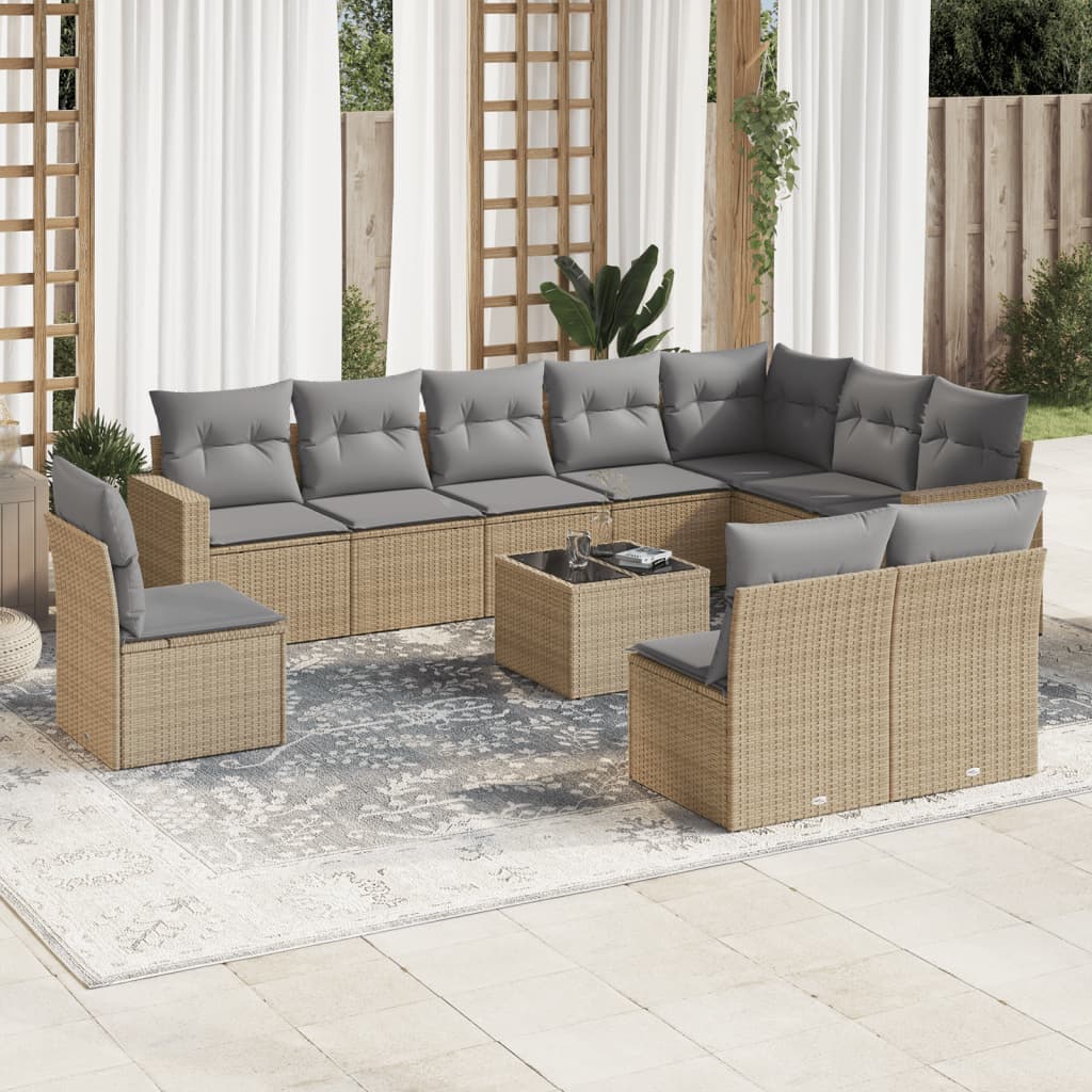 Set Divani da Giardino 11 pz con Cuscini Beige in Polyrattan