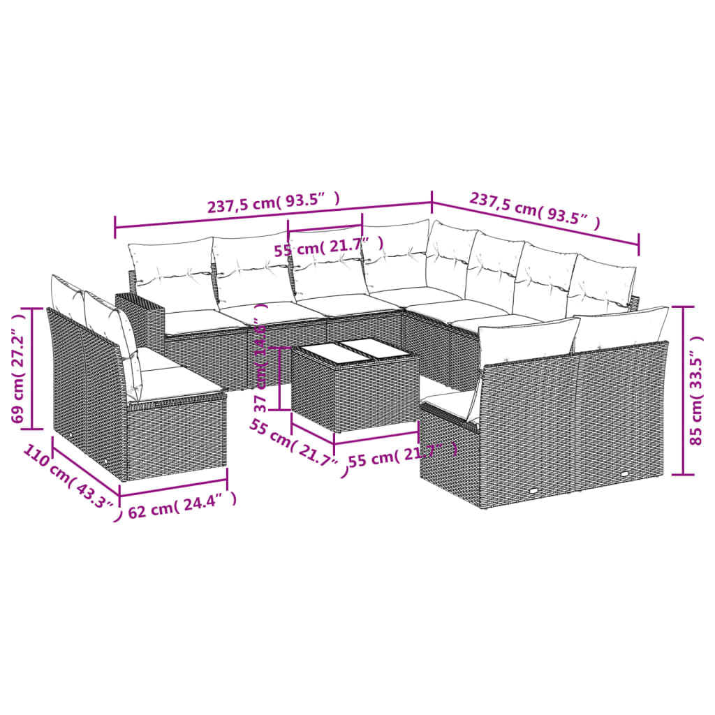 Set Divani da Giardino 12 pz con Cuscini Grigio in Polyrattan