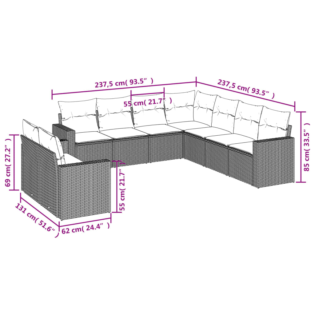 Set Divano da Giardino 9 pz con Cuscini Grigio in Polyrattan