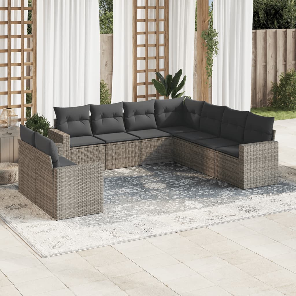 Set Divano da Giardino 9 pz con Cuscini Grigio in Polyrattan