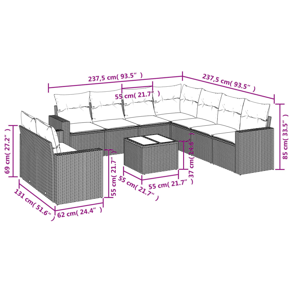 Set Divano da Giardino 10 pz con Cuscini Grigio in Polyrattan