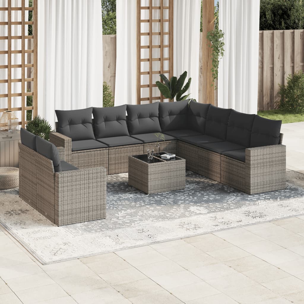 Set Divano da Giardino 10 pz con Cuscini Grigio in Polyrattan