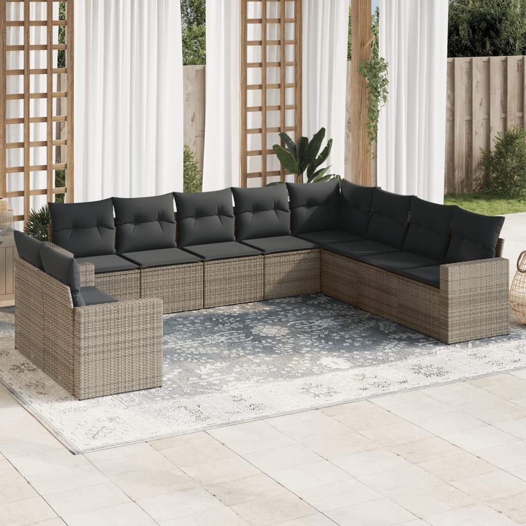 Set Divano da Giardino 10 pz con Cuscini Grigio in Polyrattan