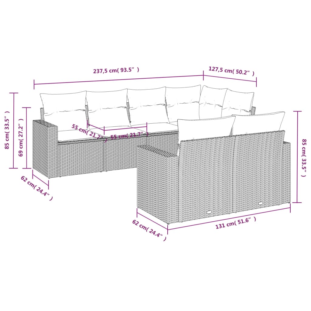 Set Divani da Giardino 7 pz con Cuscini Grigio in Polyrattan