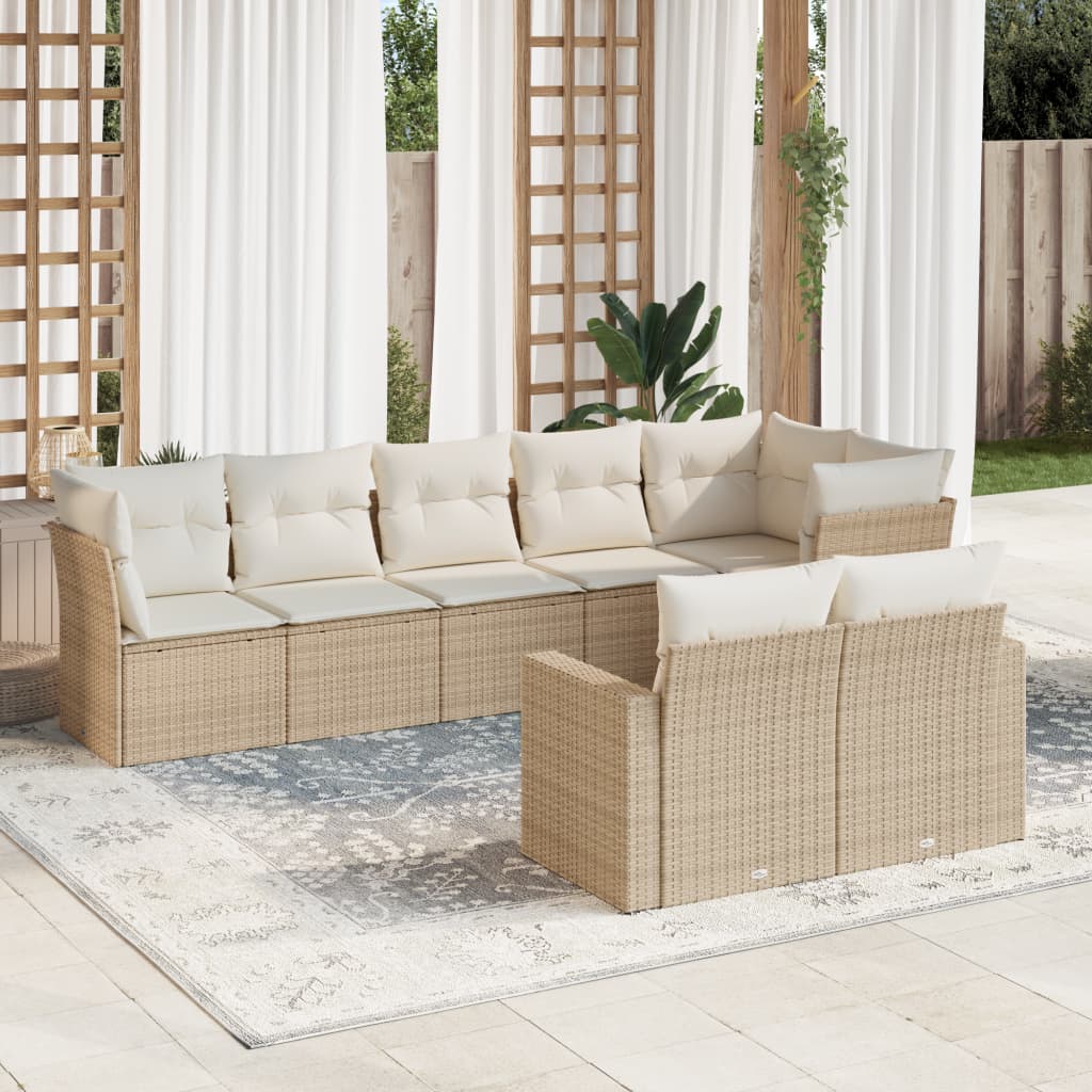 Set Divano da Giardino 8 pz con Cuscini Beige in Polyrattan