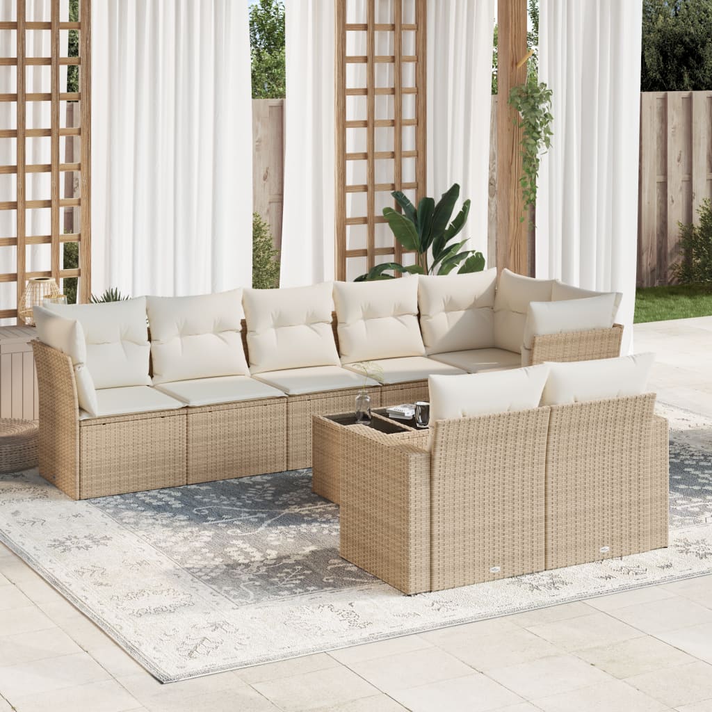 Set Divano da Giardino 9 pz con Cuscini Beige in Polyrattan