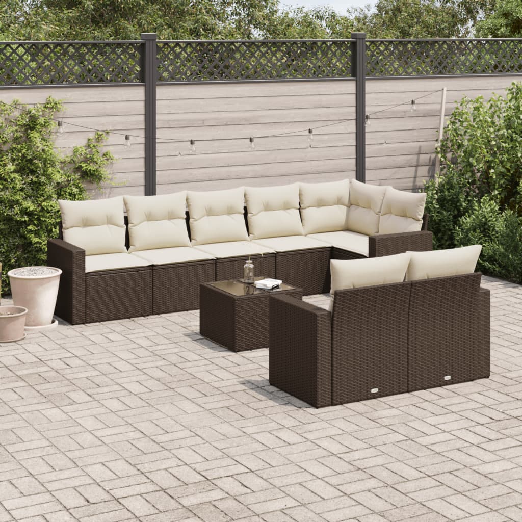 Set Divani da Giardino 9pz con Cuscini Marrone in Polyrattan