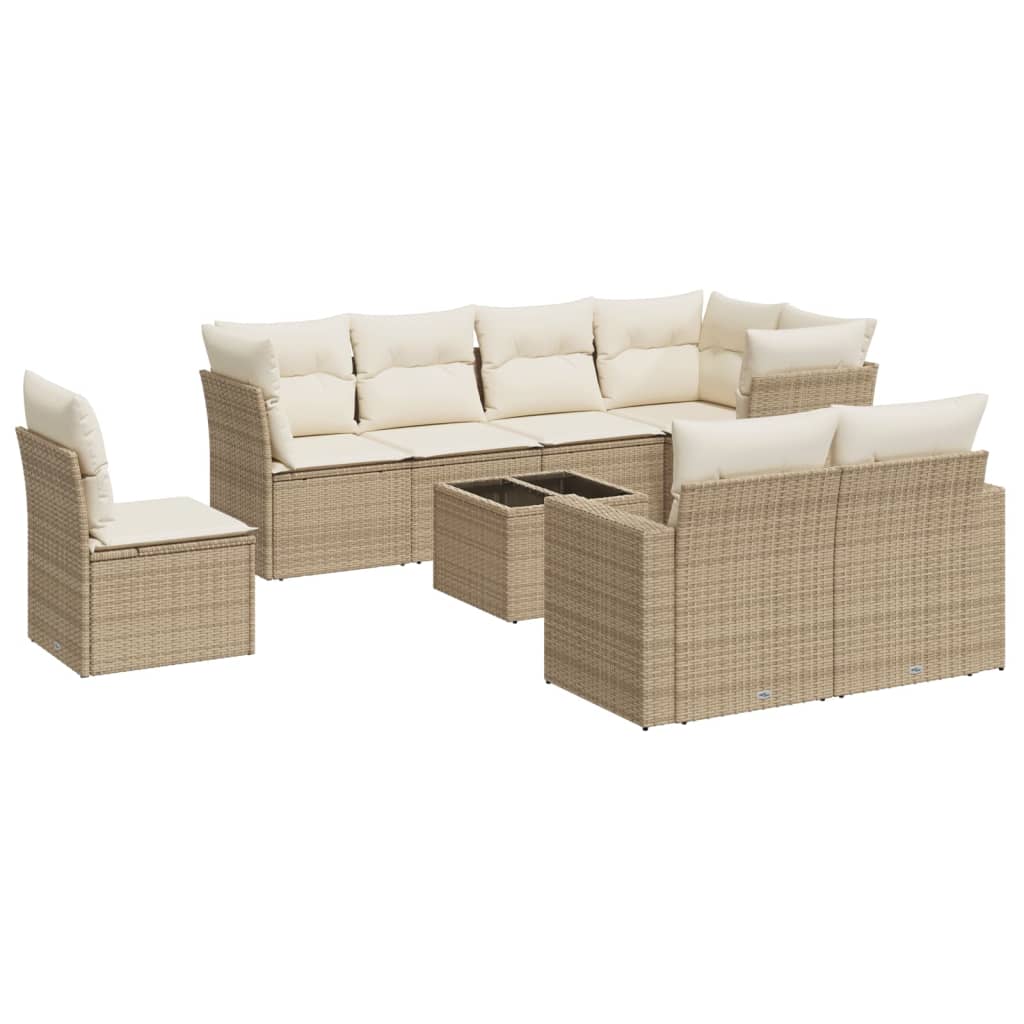 Set Divano da Giardino 9 pz con Cuscini Beige in Polyrattan