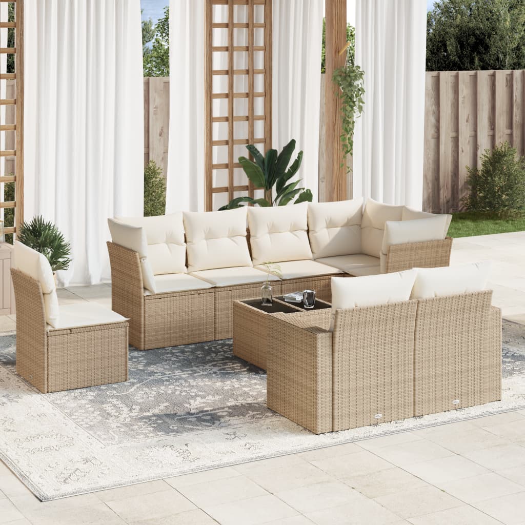 Set Divano da Giardino 9 pz con Cuscini Beige in Polyrattan