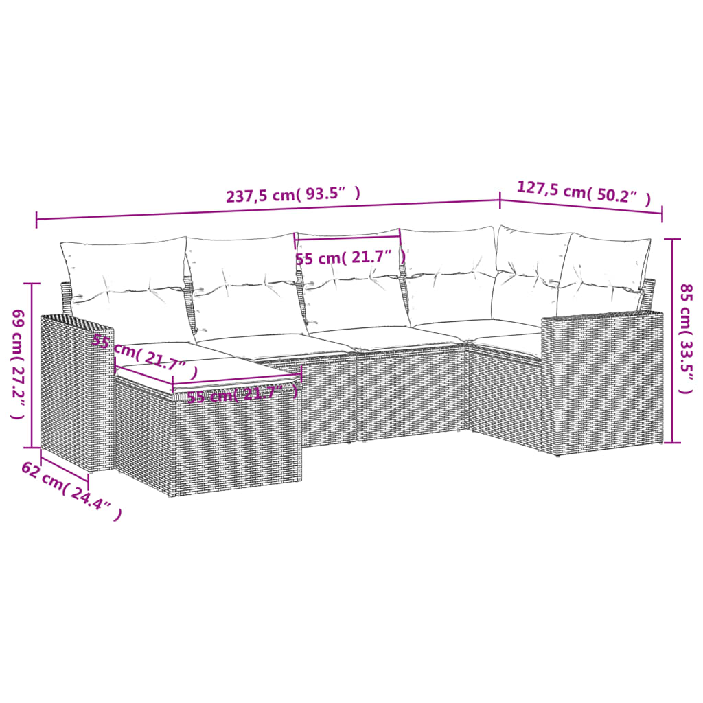 Set Divano da Giardino 6 pz con Cuscini Beige in Polyrattan