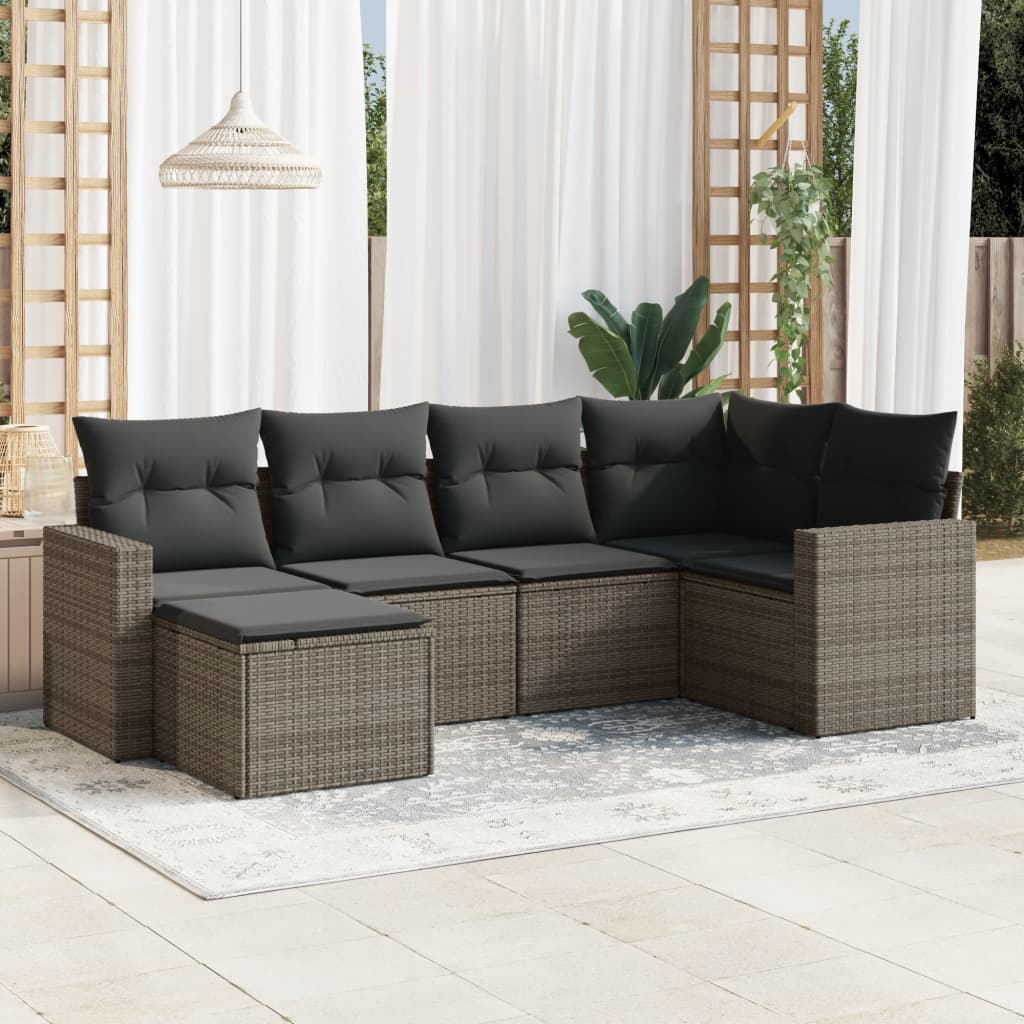 Set Divano da Giardino 6 pz con Cuscini Grigio in Polyrattan