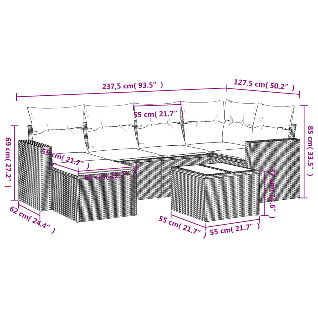 Set Divani da Giardino 7 pz con Cuscini Grigio in Polyrattan