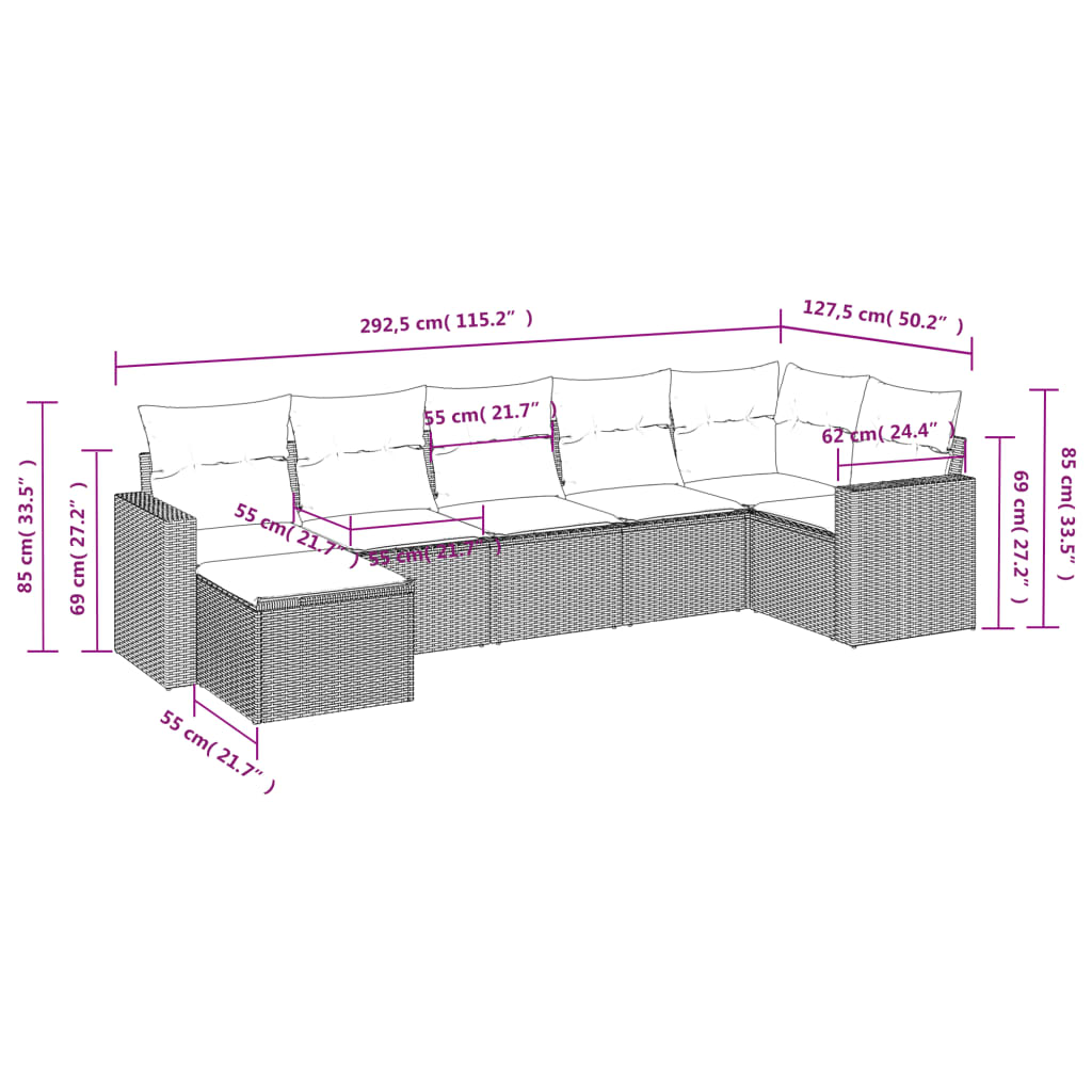 Set Divani da Giardino 7 pz con Cuscini Grigio in Polyrattan