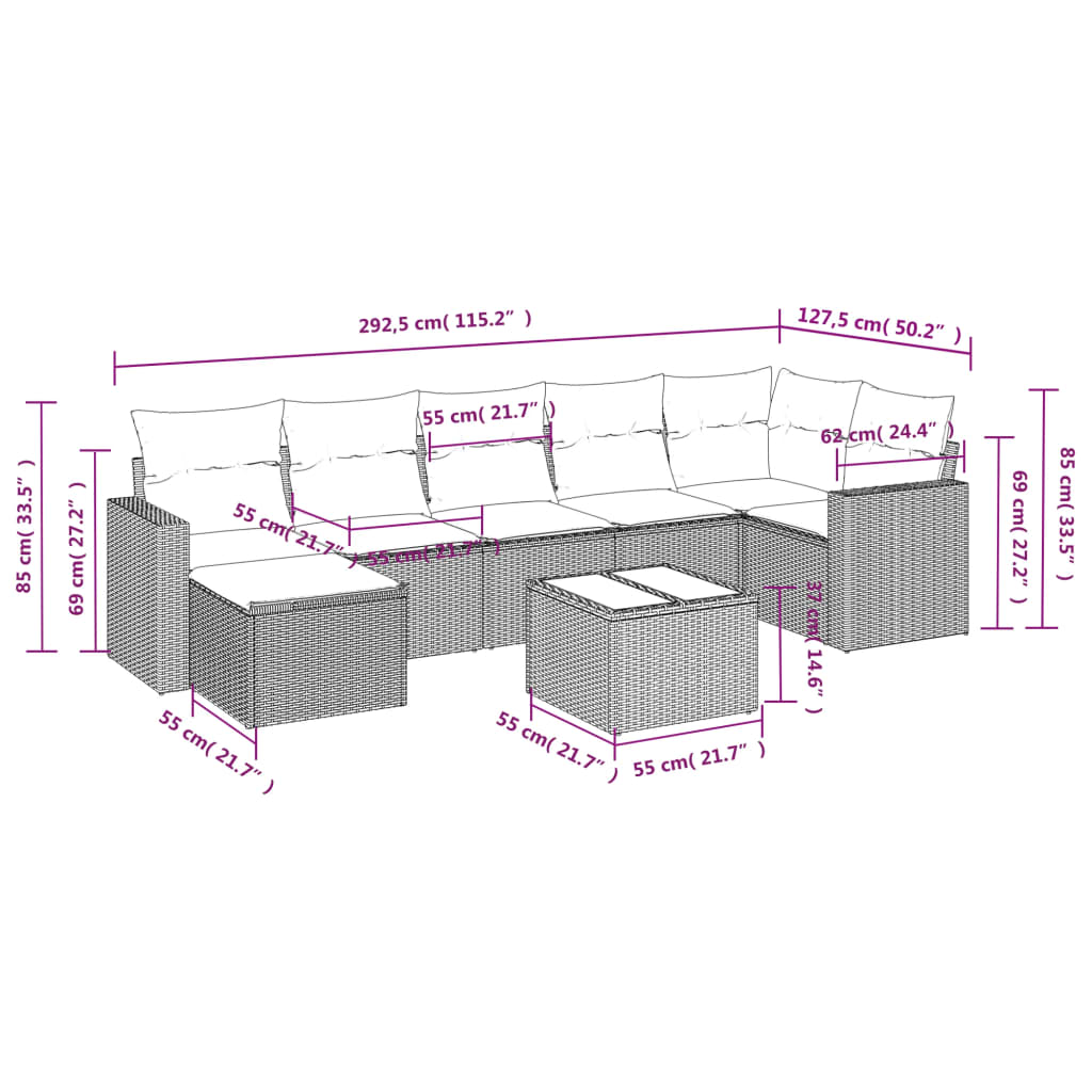 Set Divano da Giardino 8 pz con Cuscini Grigio in Polyrattan