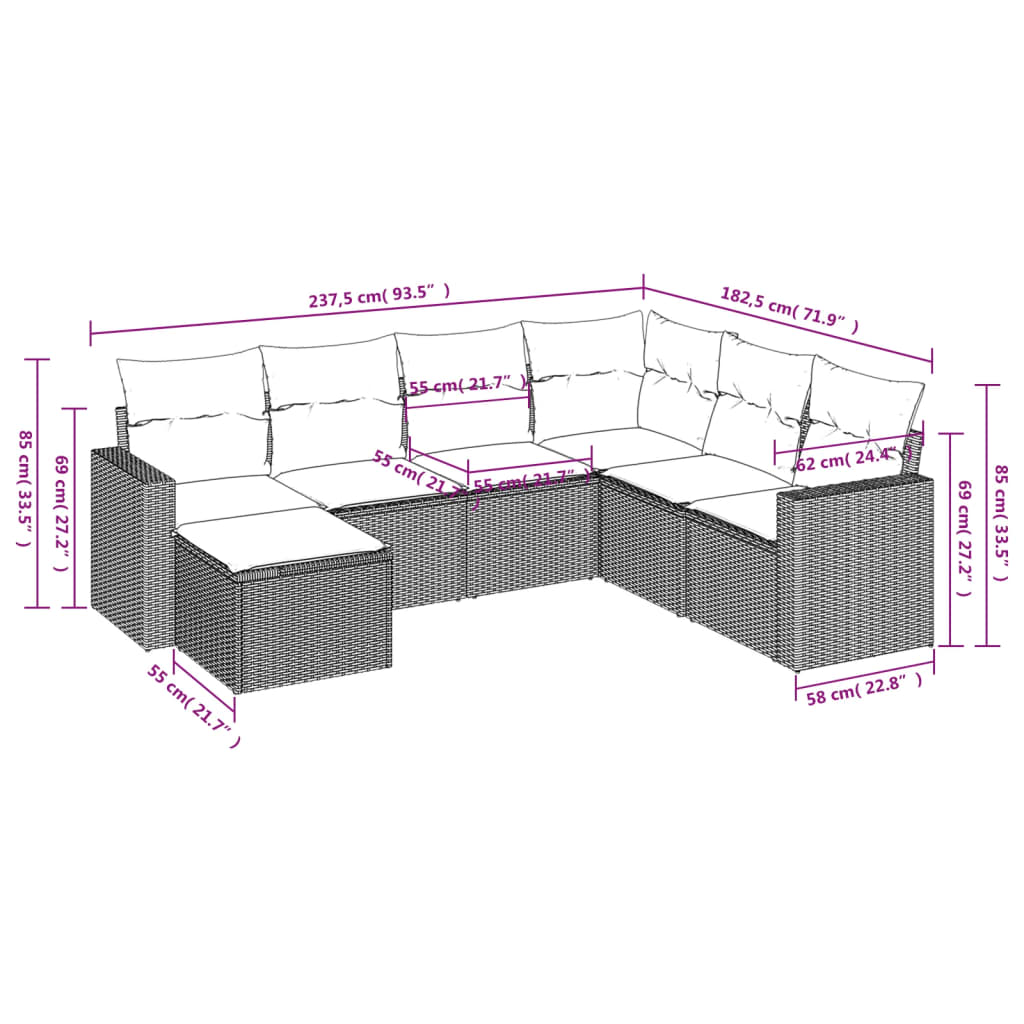 Set Divani da Giardino 7 pz con Cuscini Grigio in Polyrattan