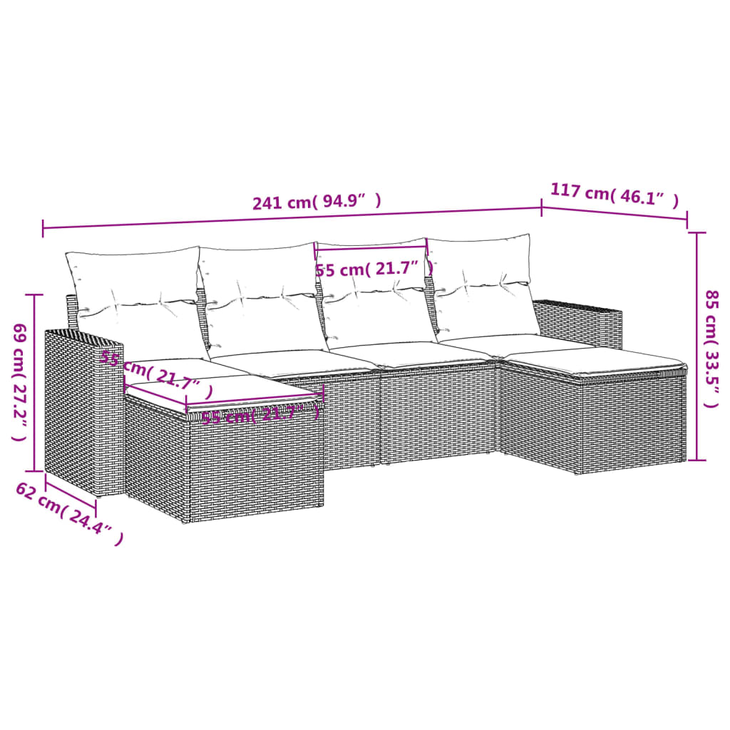 Set Divano da Giardino 6 pz con Cuscini Grigio in Polyrattan