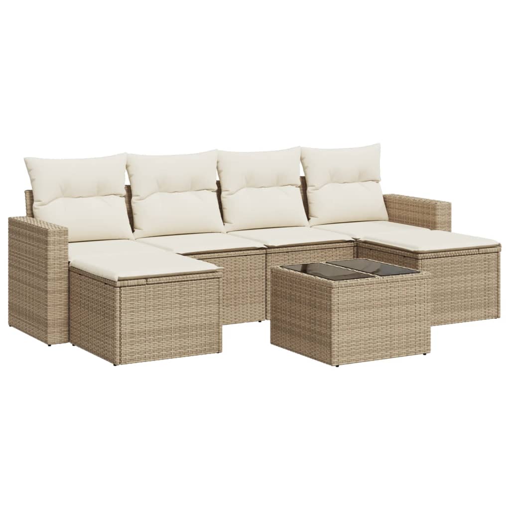 Set Divani da Giardino 7 pz con Cuscini Beige in Polyrattan