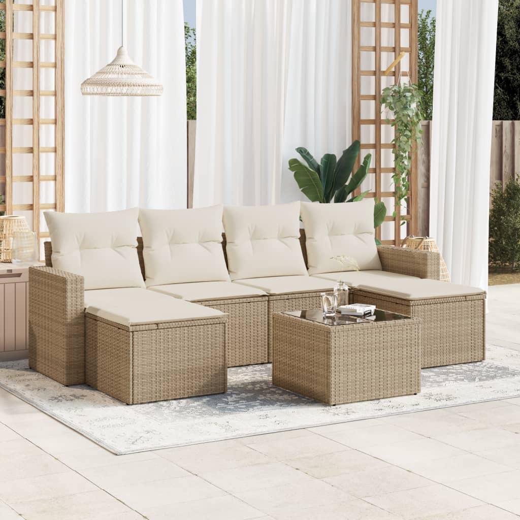 Set Divani da Giardino 7 pz con Cuscini Beige in Polyrattan