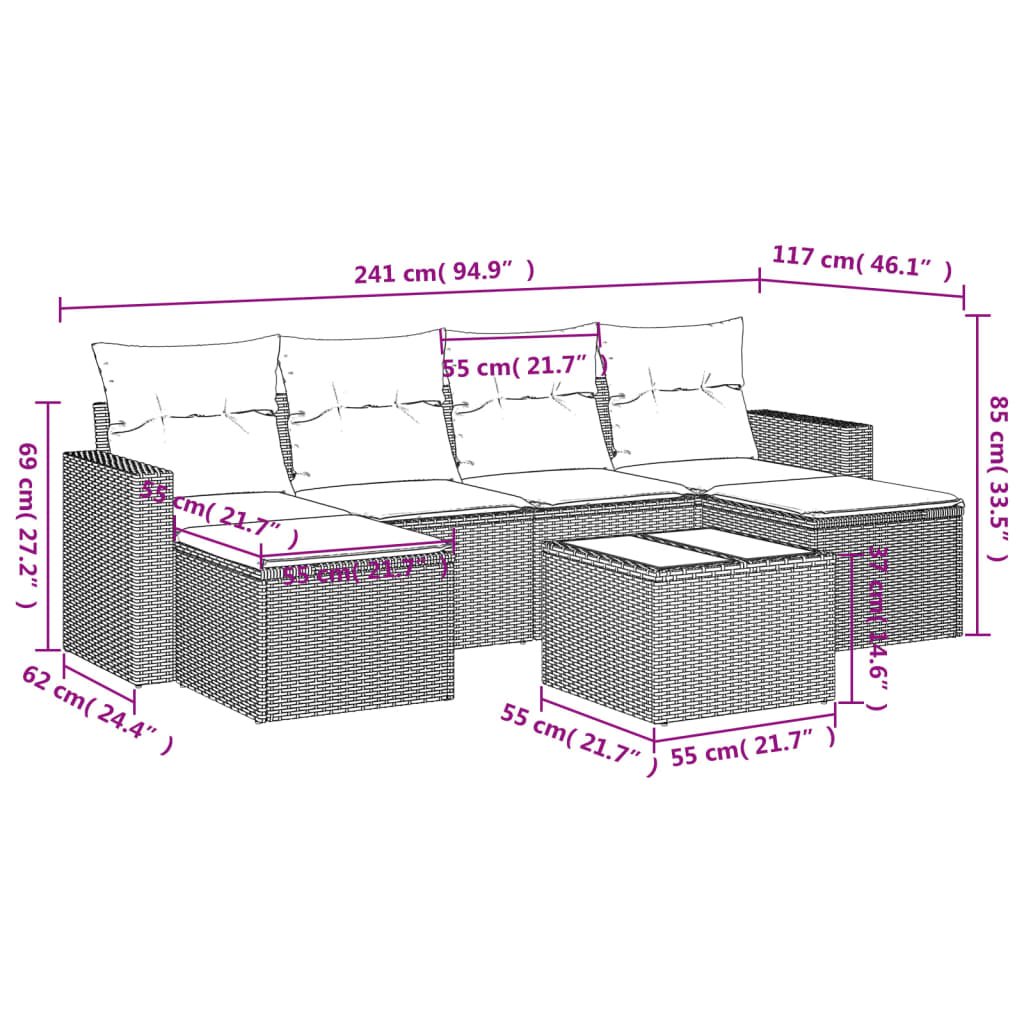 Set Divani da Giardino 7 pz con Cuscini Grigio in Polyrattan