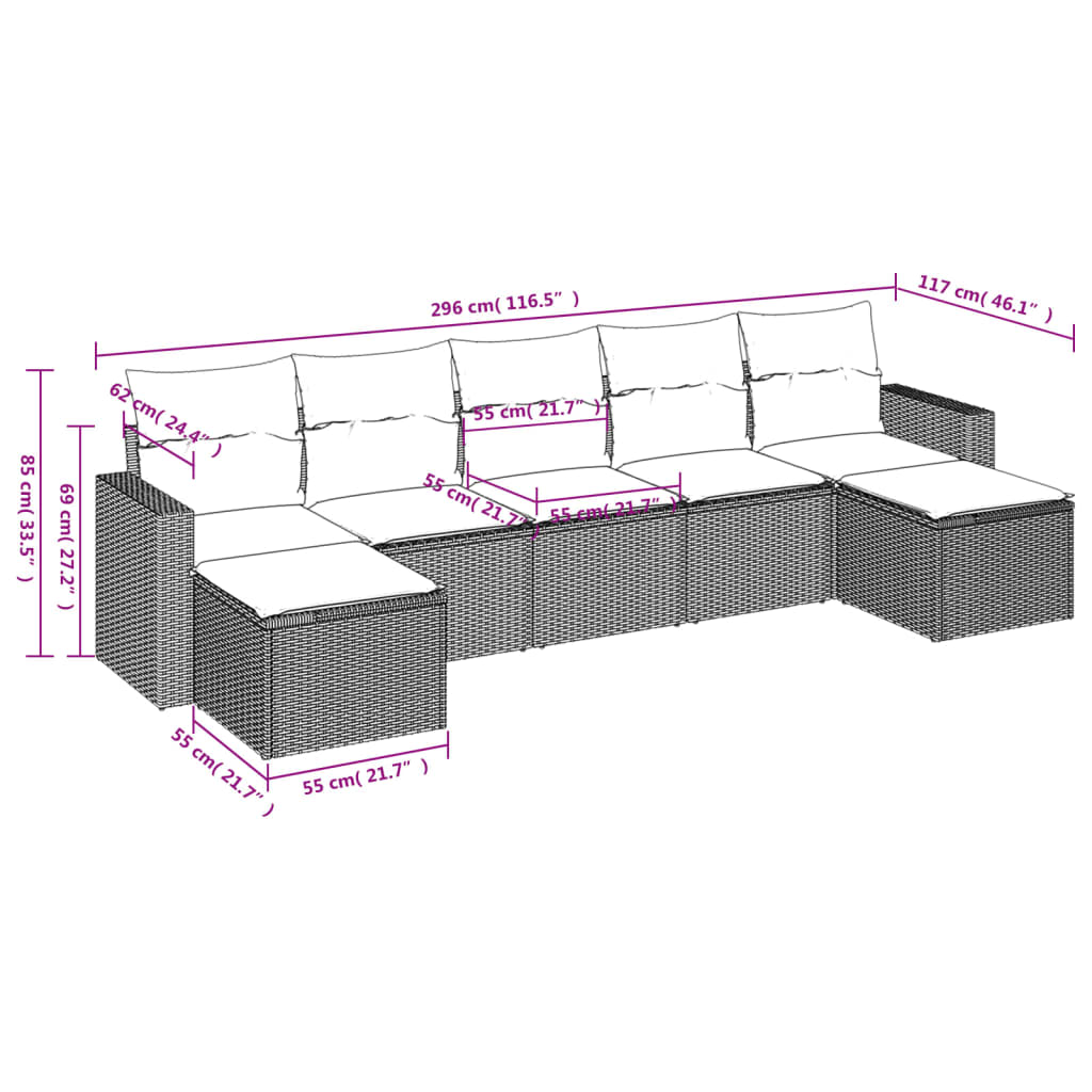 Set Divani da Giardino 7 pz con Cuscini Grigio in Polyrattan