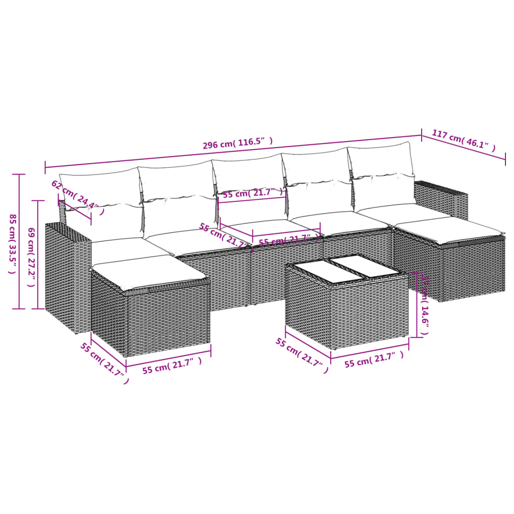 Set Divano da Giardino 8 pz con Cuscini Grigio in Polyrattan