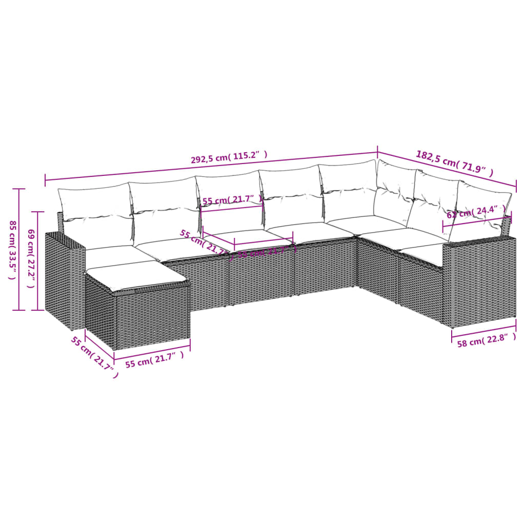 Set Divano da Giardino 8 pz con Cuscini Grigio in Polyrattan