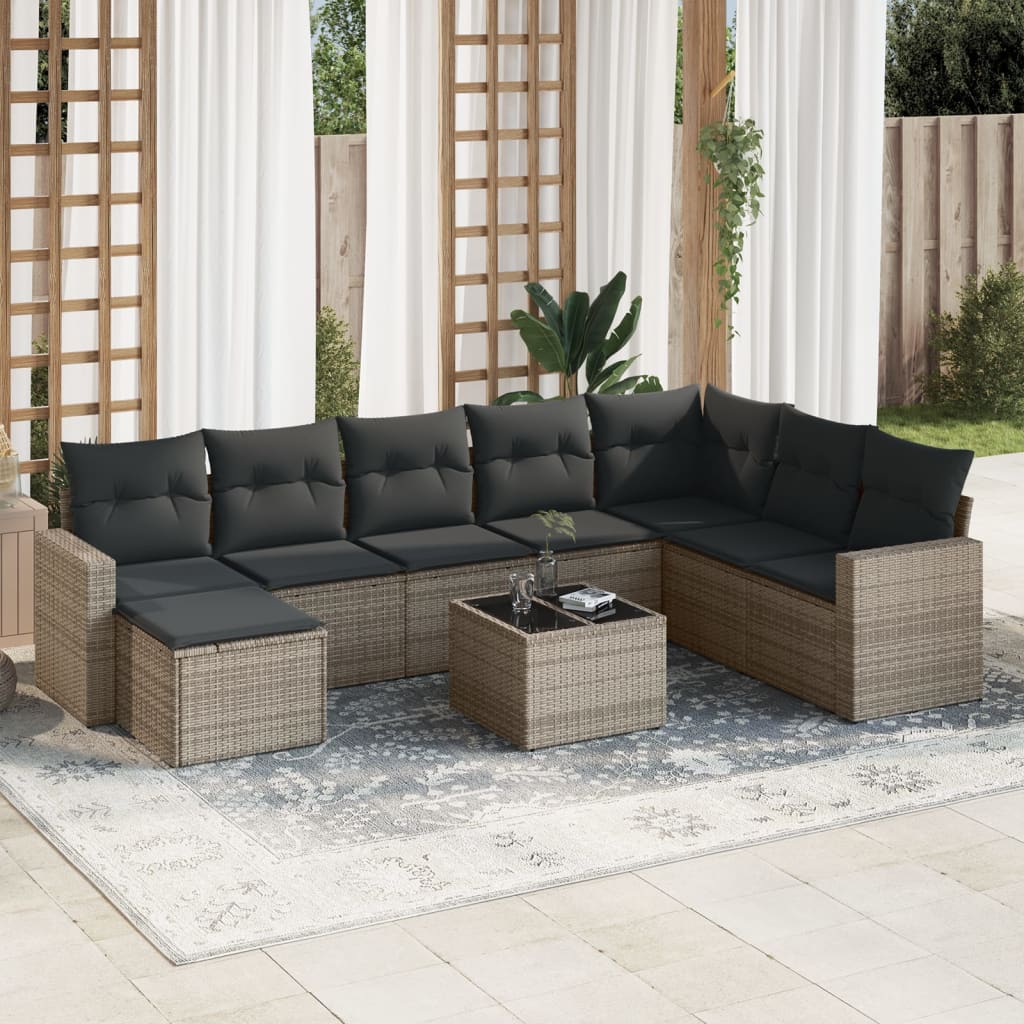 Set Divano da Giardino 9 pz con Cuscini Grigio in Polyrattan