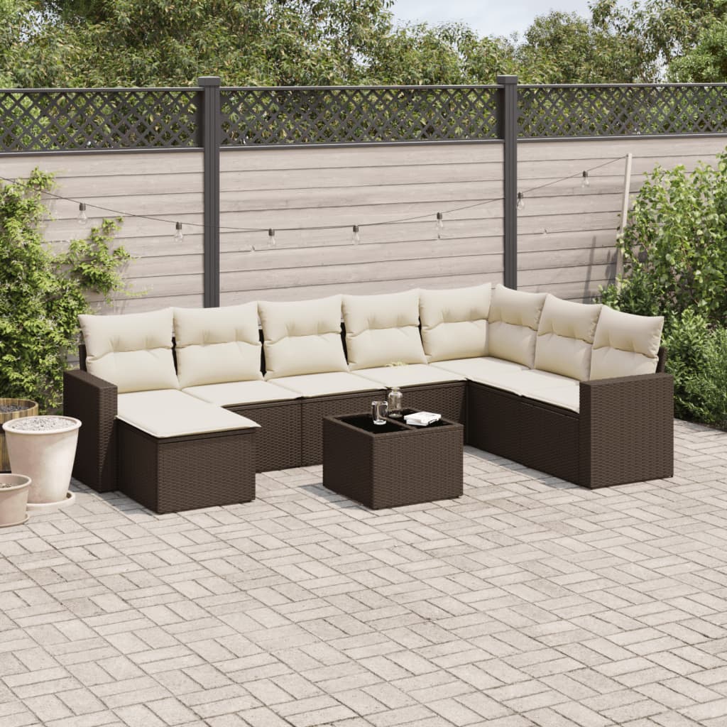 Set Divani da Giardino 9pz con Cuscini Marrone in Polyrattan