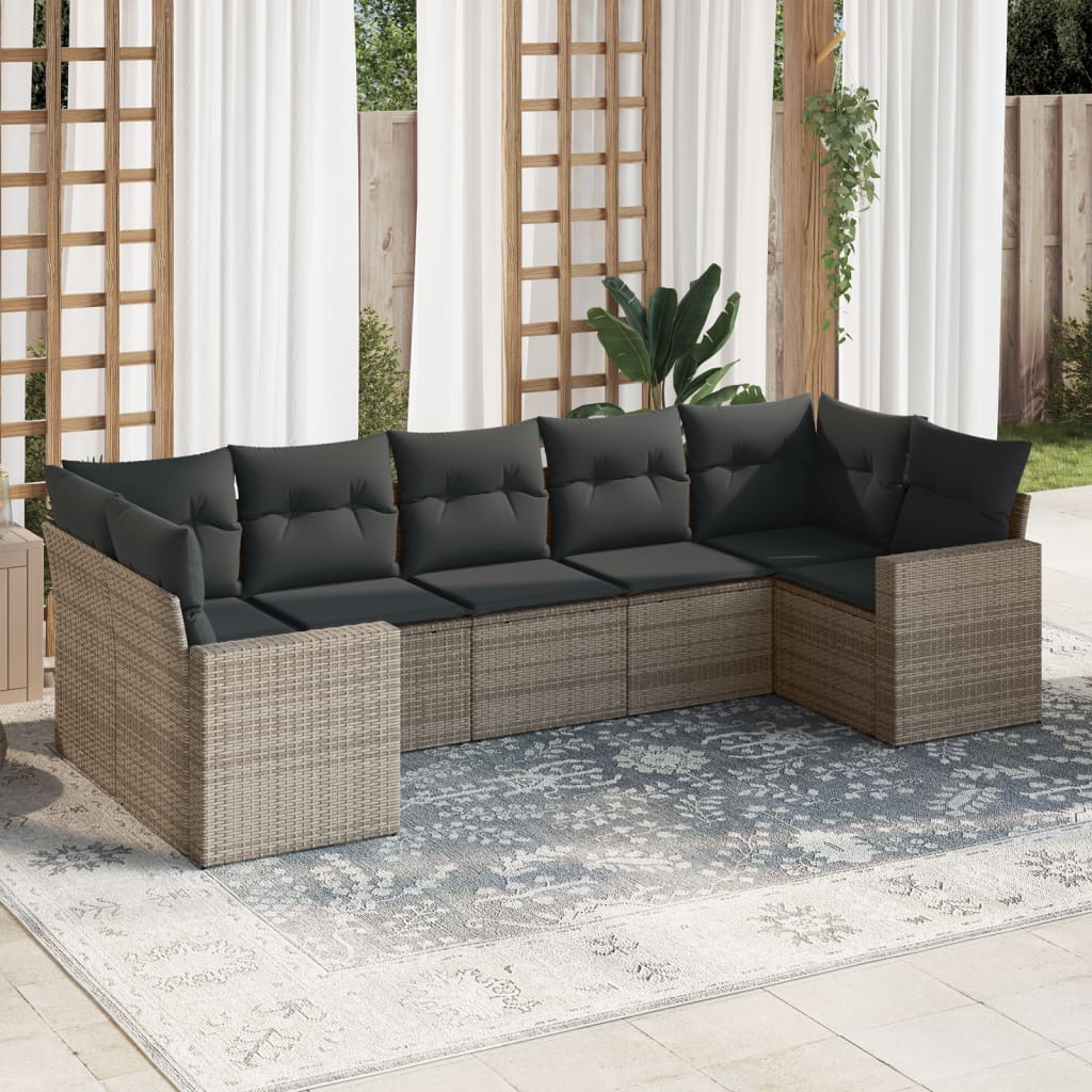 Set Divani da Giardino 7 pz con Cuscini Grigio in Polyrattan