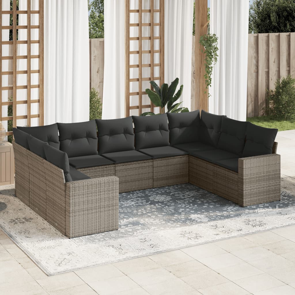 Set Divano da Giardino 9 pz con Cuscini Grigio in Polyrattan