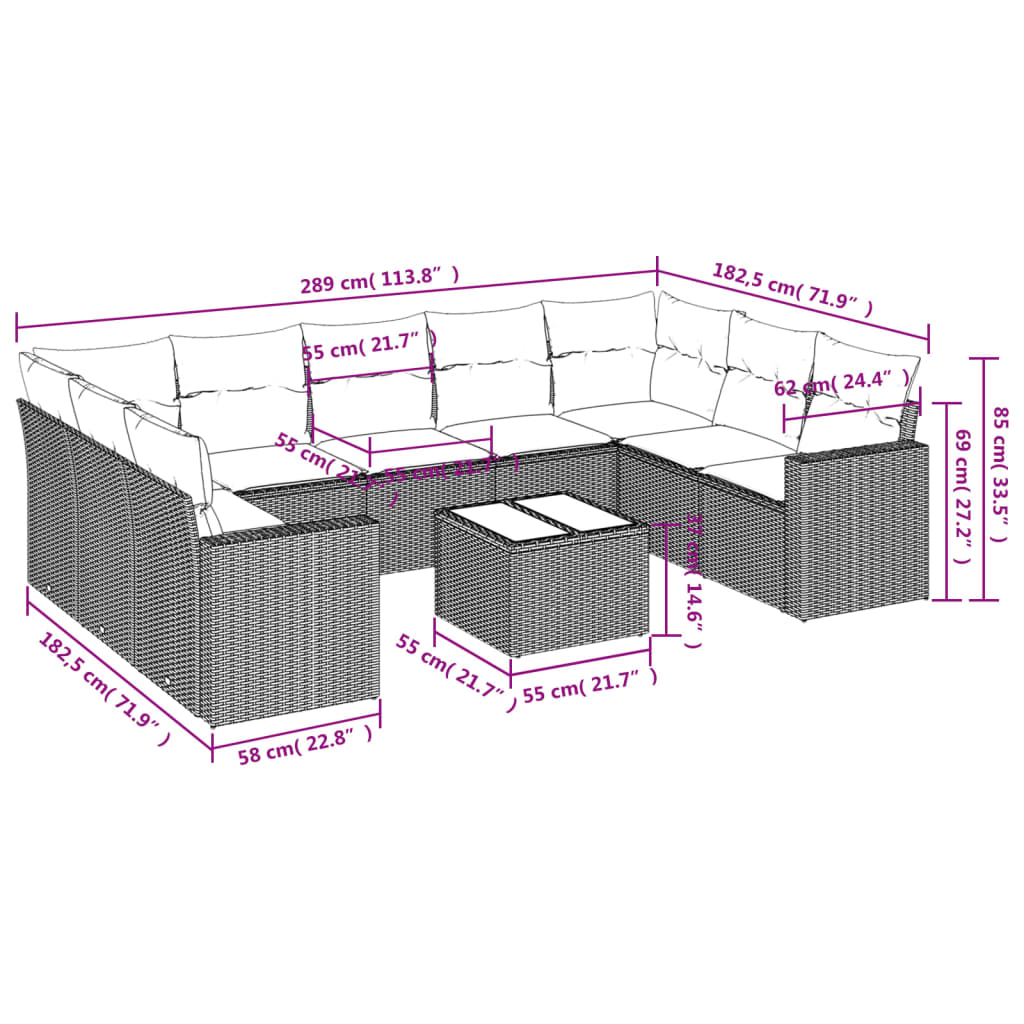 Set Divano da Giardino 10 pz con Cuscini Grigio in Polyrattan