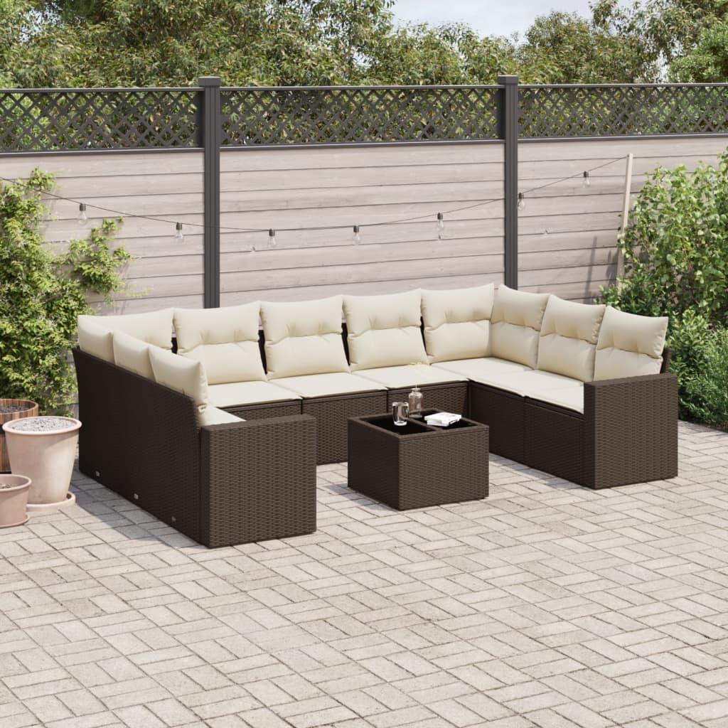 Set Divani da Giardino 10pz con Cuscini in Polyrattan Marrone