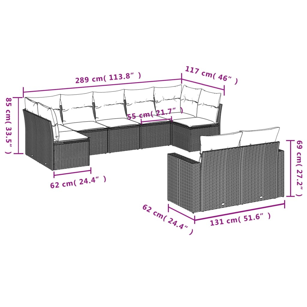 Set Divano da Giardino 9 pz con Cuscini Grigio in Polyrattan