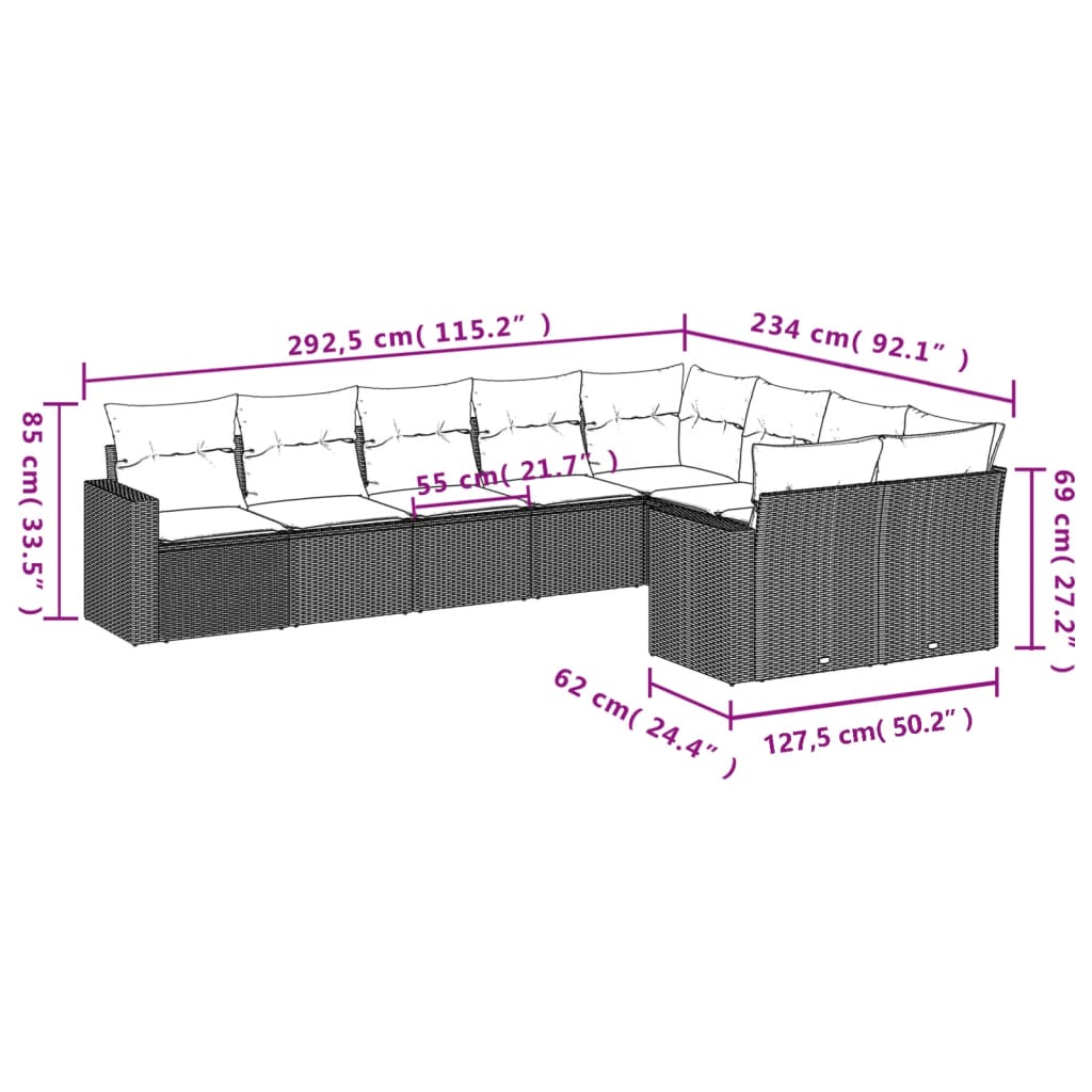 Set Divano da Giardino 9 pz con Cuscini Grigio in Polyrattan