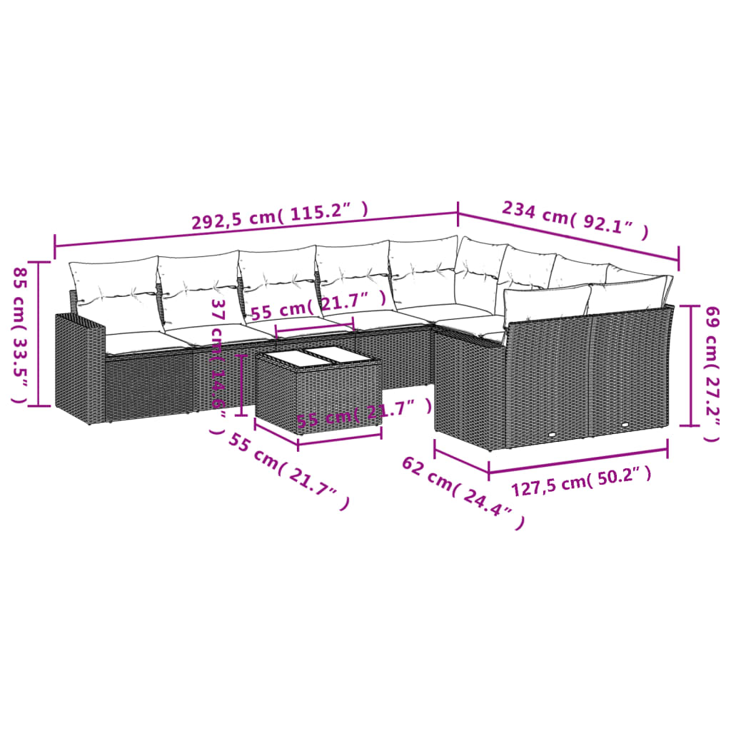 Set Divano da Giardino 10 pz con Cuscini Grigio in Polyrattan