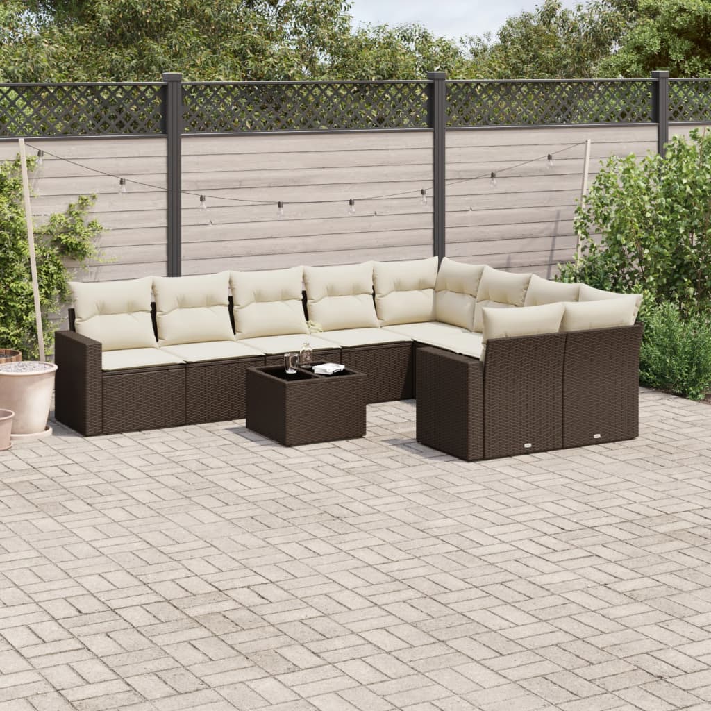 Set Divani da Giardino 10pz con Cuscini in Polyrattan Marrone