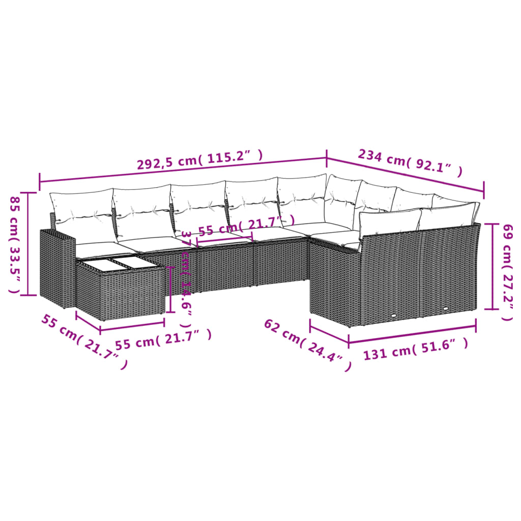 Set Divani da Giardino 10pz con Cuscini in Polyrattan Nero