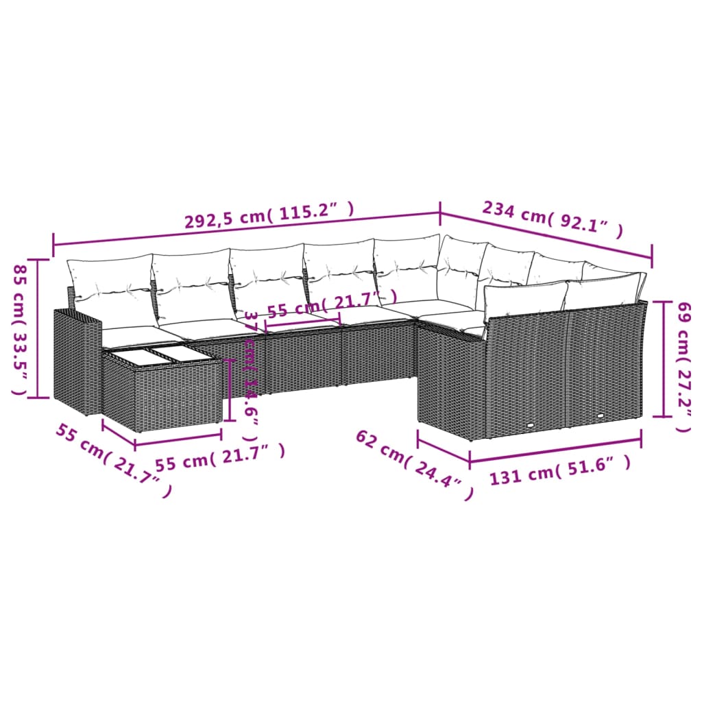 Set Divano da Giardino 10 pz con Cuscini Grigio in Polyrattan