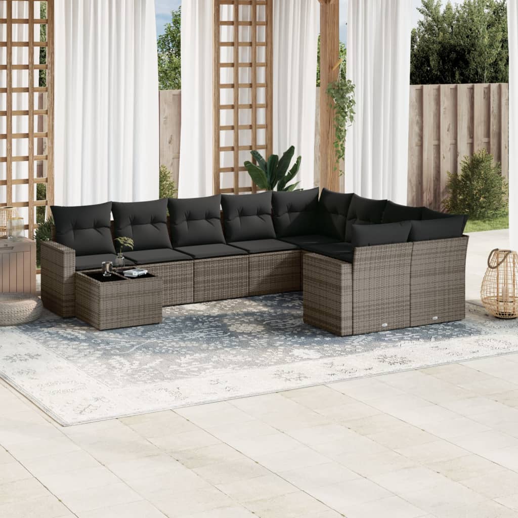 Set Divano da Giardino 10 pz con Cuscini Grigio in Polyrattan