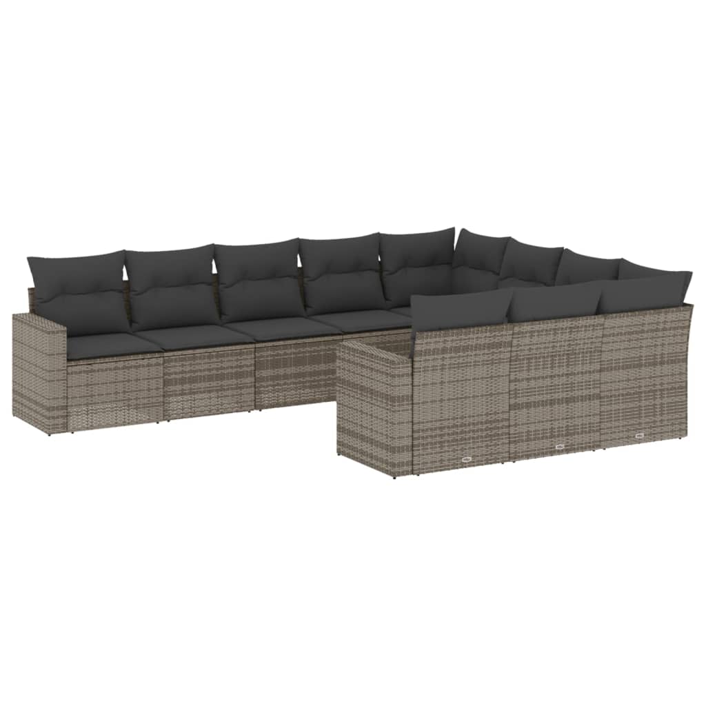 Set Divano da Giardino 10 pz con Cuscini Grigio in Polyrattan