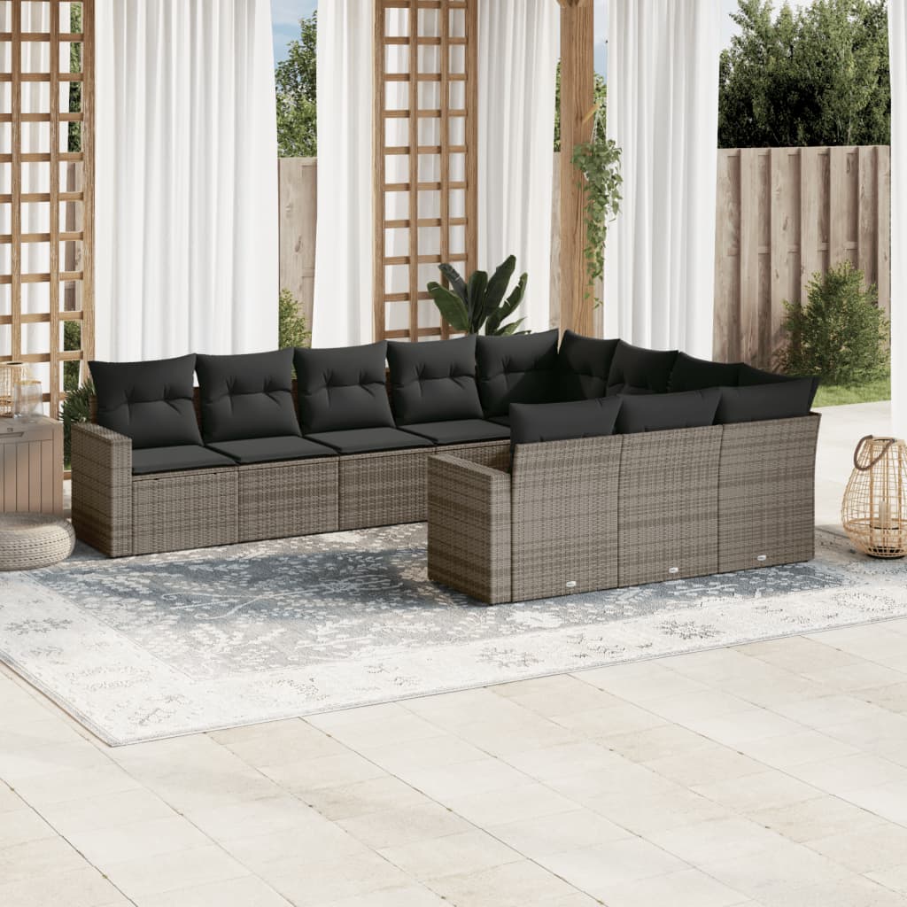 Set Divano da Giardino 10 pz con Cuscini Grigio in Polyrattan