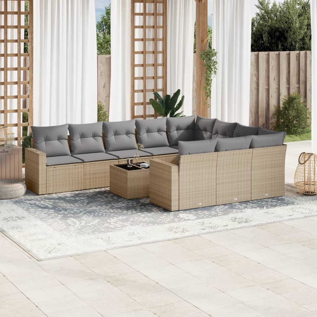 Set Divani da Giardino 11 pz con Cuscini Beige in Polyrattan