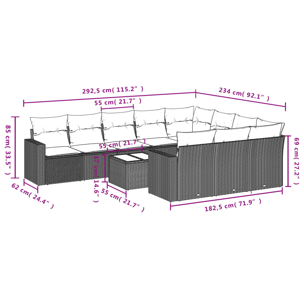 Set Divani da Giardino 11 pz con Cuscini in Polyrattan Grigio