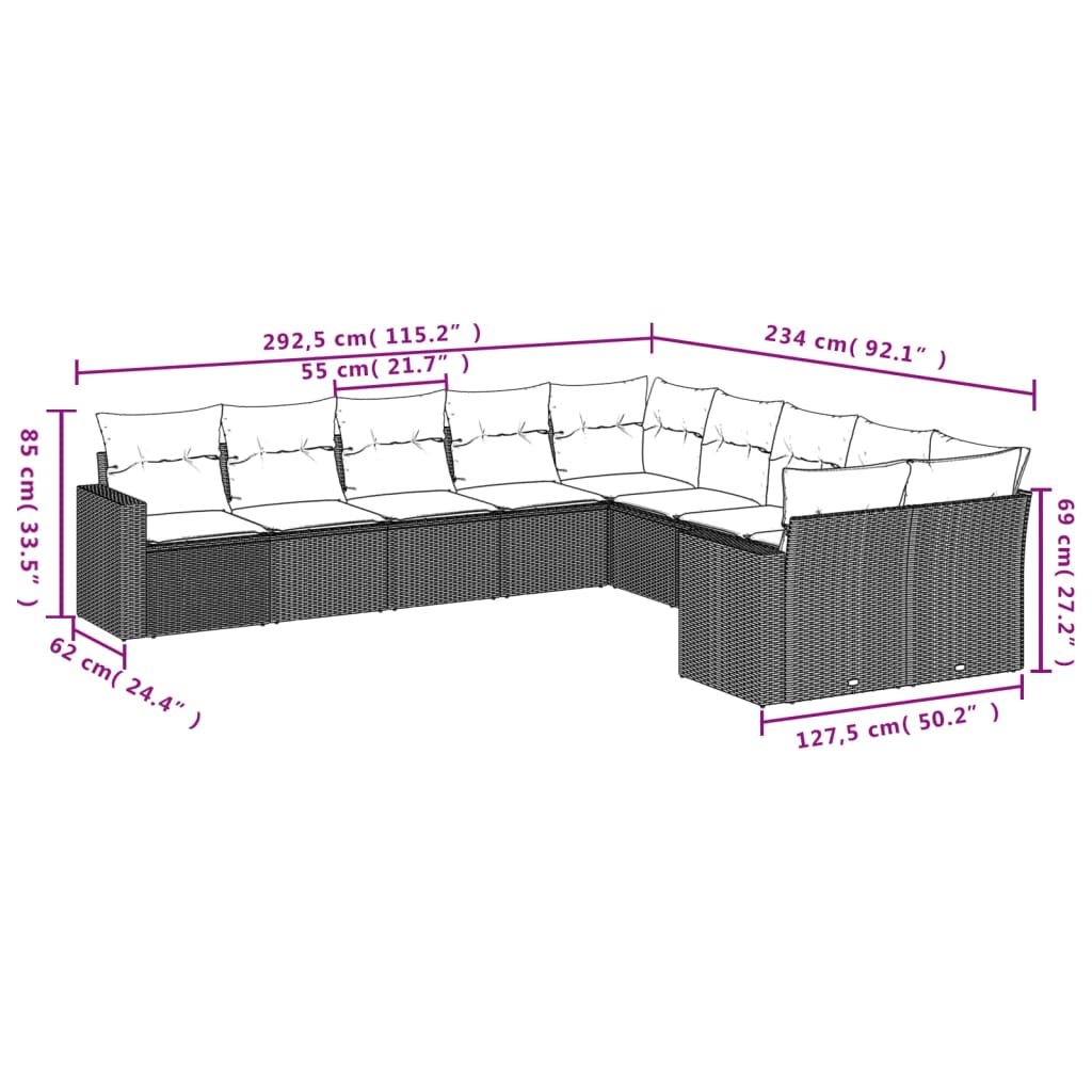 Set Divano da Giardino 10 pz con Cuscini Grigio in Polyrattan