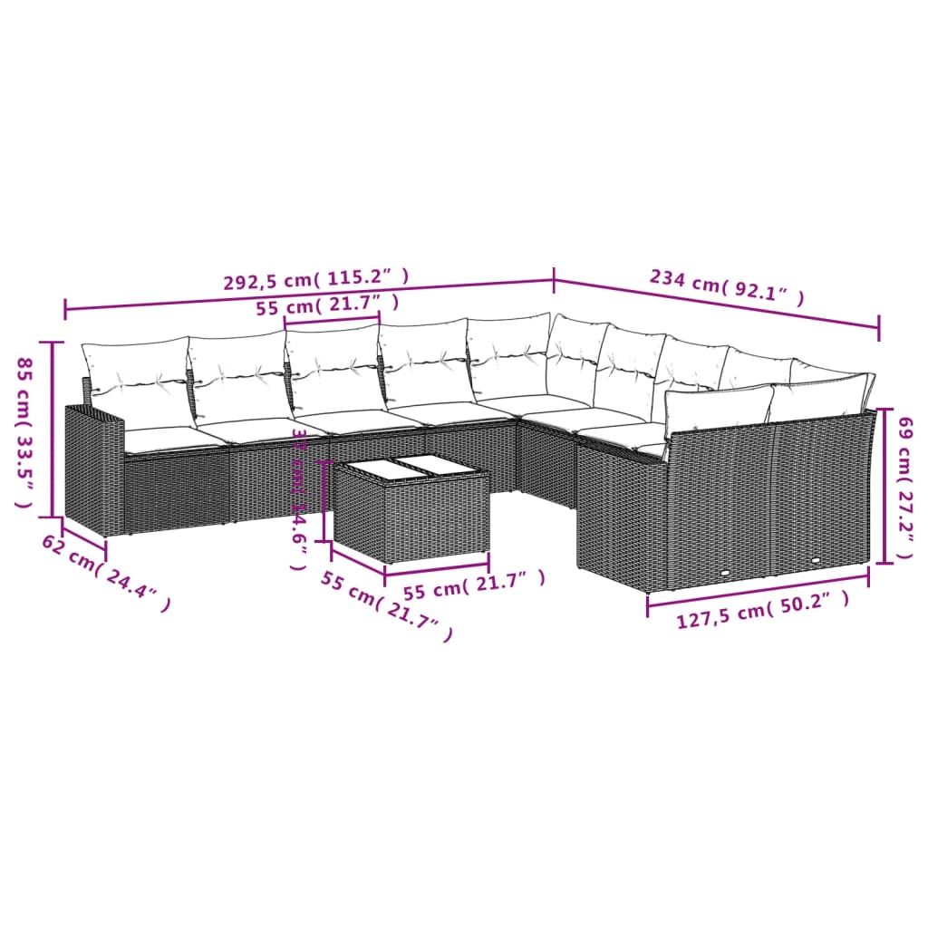 Set Divani da Giardino 11 pz con Cuscini in Polyrattan Grigio