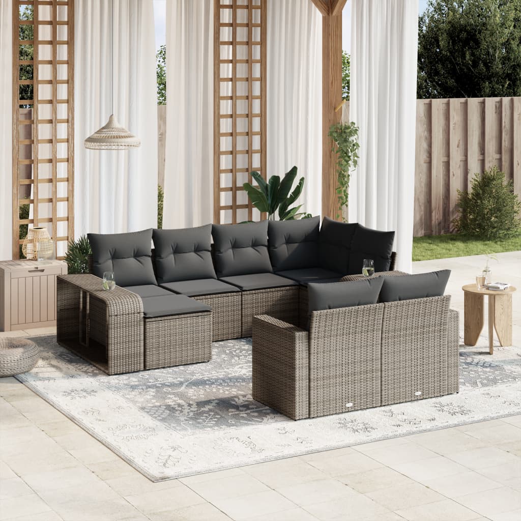 Set Divano da Giardino 10 pz con Cuscini Grigio in Polyrattan