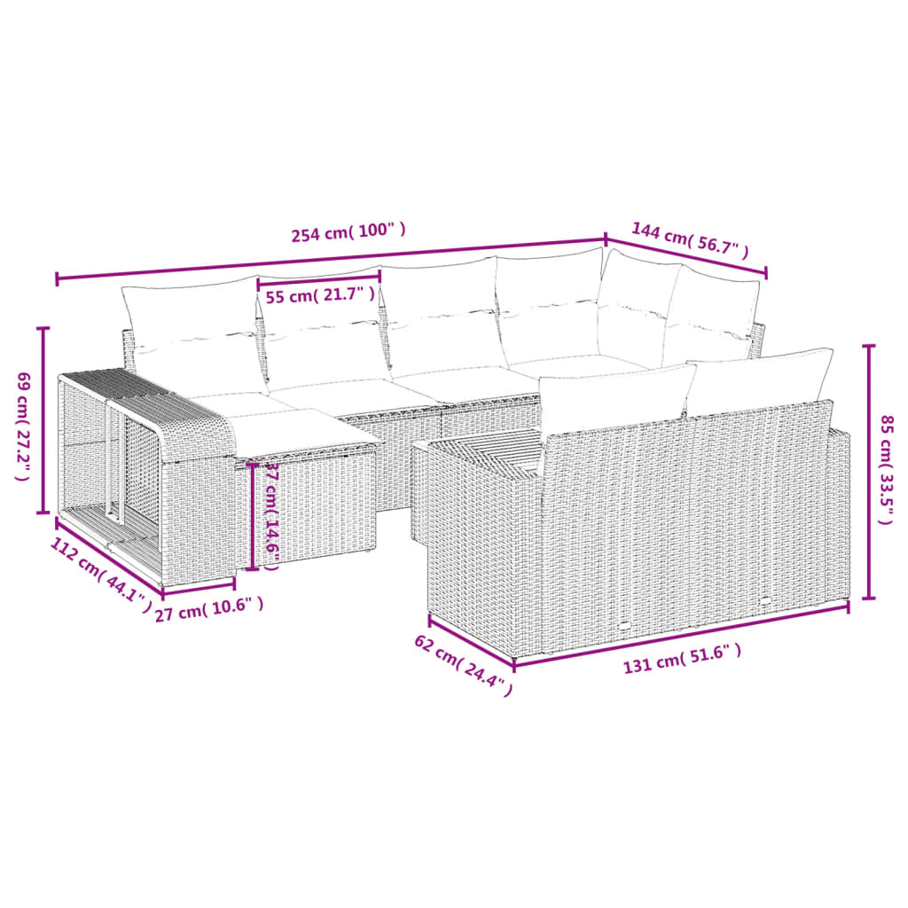 Set Divani da Giardino 11 pz con Cuscini Beige in Polyrattan