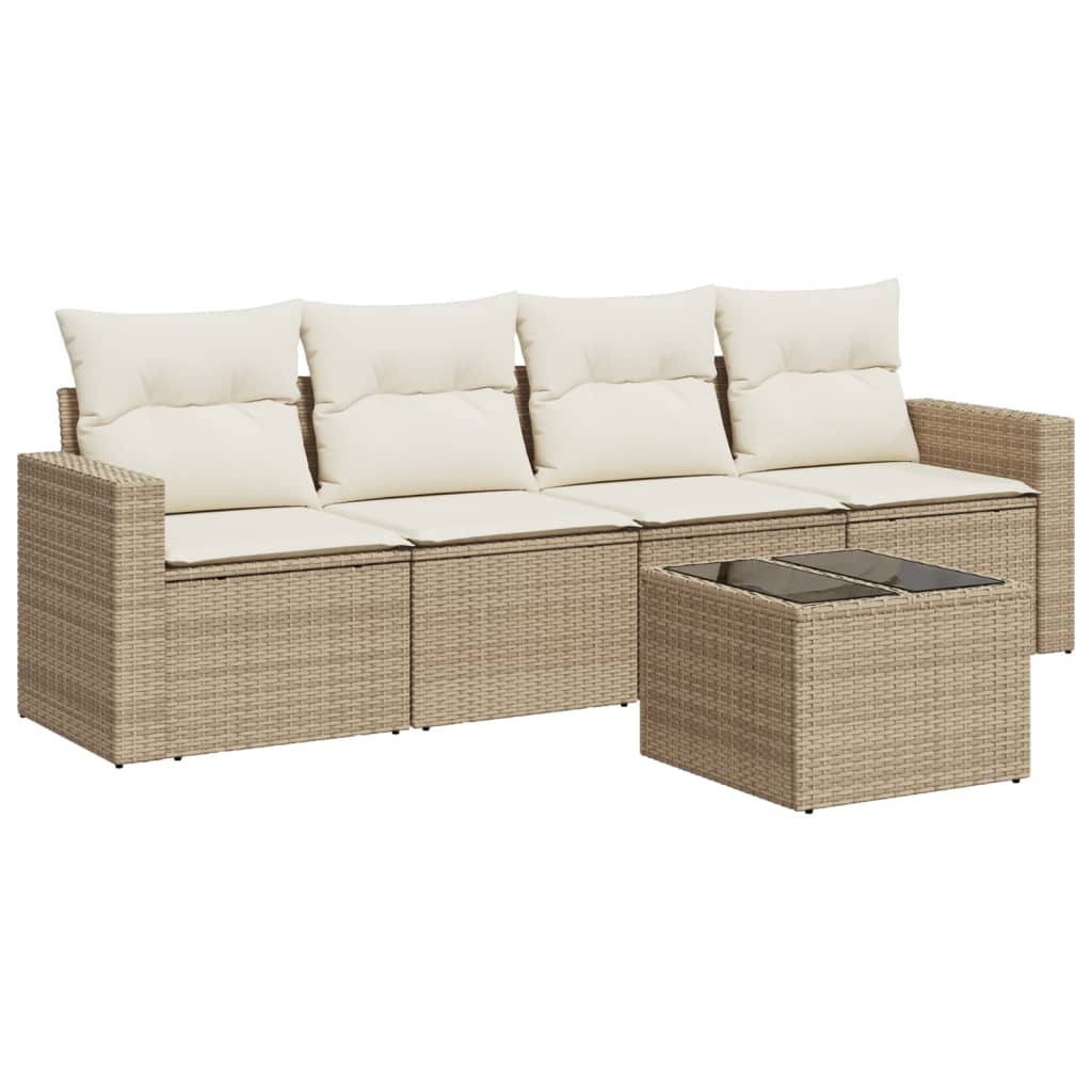 Set Divano da Giardino 5 pz con Cuscini Beige in Polyrattan